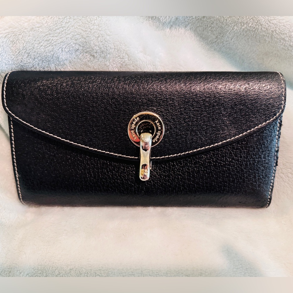 Kate Spade Black Leather Wallet, Hot Pink Lining with Gold Polka Dots, Vintage